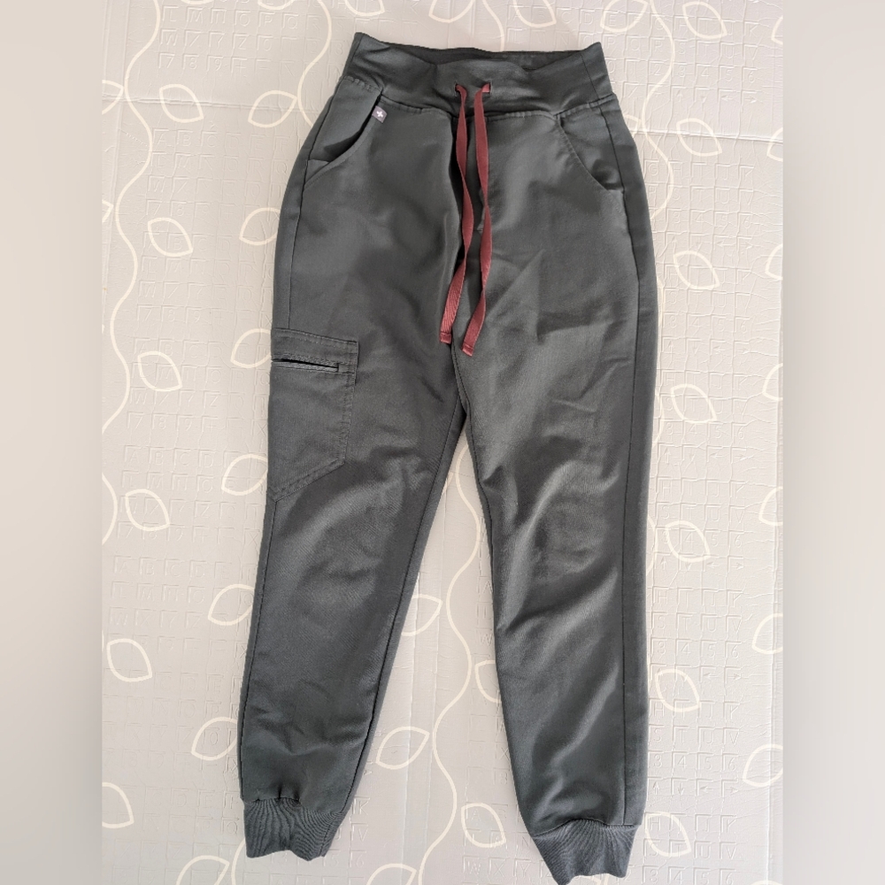 Figs Women's Black Track Pants with Burgundy Drawstring